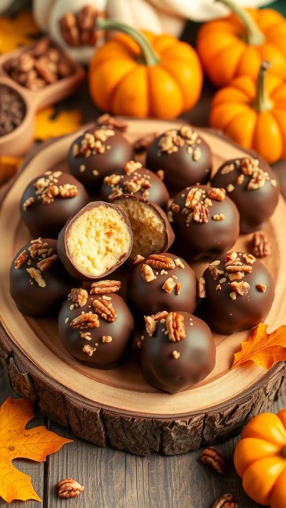 Easy No Bake Pumpkin Cheesecake Balls Recipe A platter of no-bake pumpkin cheesecake balls dipped in chocolate and topped with pecans, set against a backdrop of autumn decor.